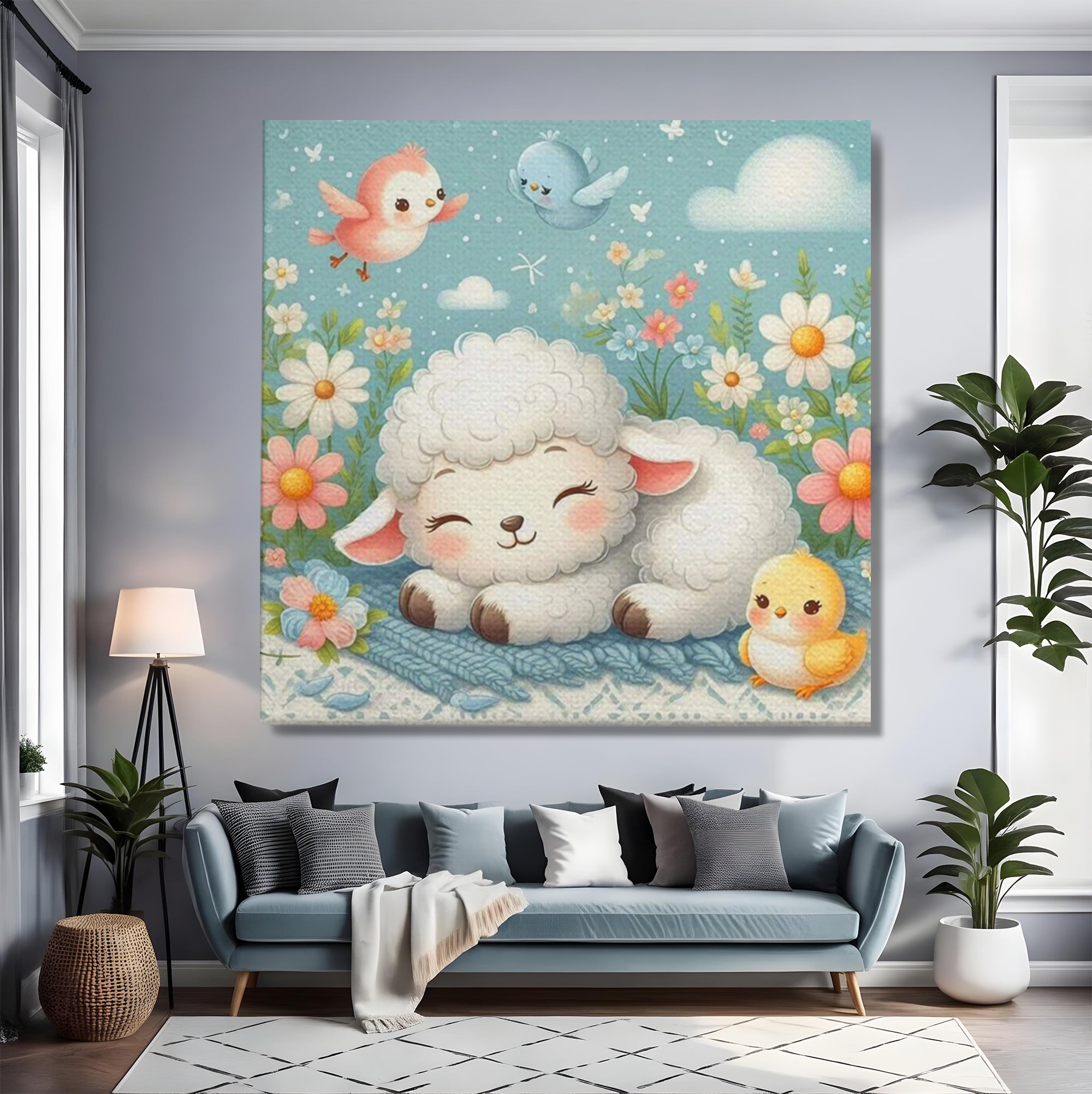 Tablou canvas cu tablou canvas cu mielusel si pasarele, fara rama, pe sasiu de lemn, pe perete intr-un living